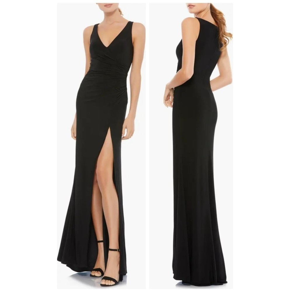 IEENA MAC DUGGAL Ruched Jersey Faux Wrap V-Neck Black Gown Size 10 NWOT